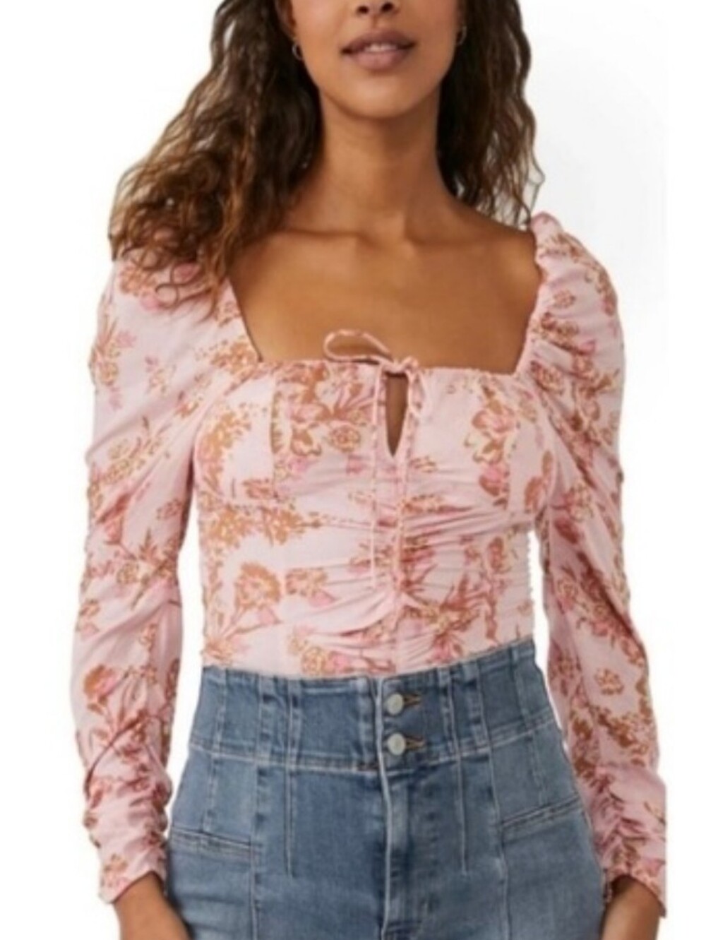 Free People Hilary Printed Floral Smocked Top in Pink Combo